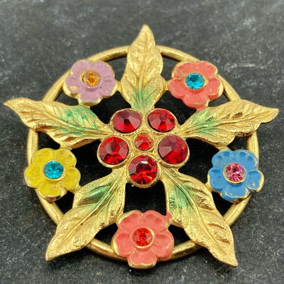 VINTAGE Gold tone metal, enamel, and rhinestone flower brooch ~ 1930s 1940s pin - Picture 2 of 10